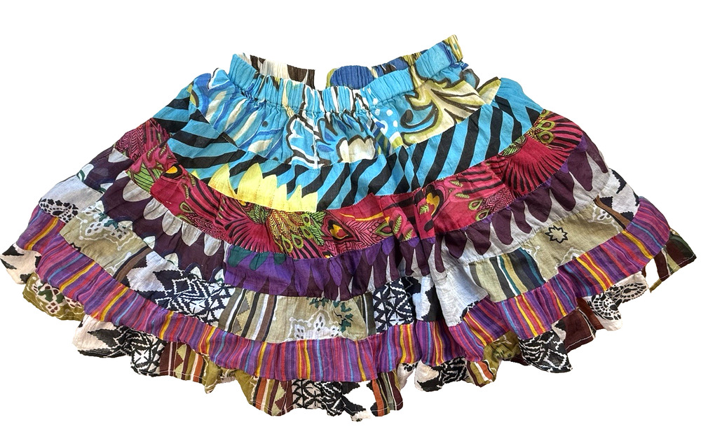 Jackpot Patchwork Cotton Skirt Boho Tiered Mixed Print Free Size Colorful